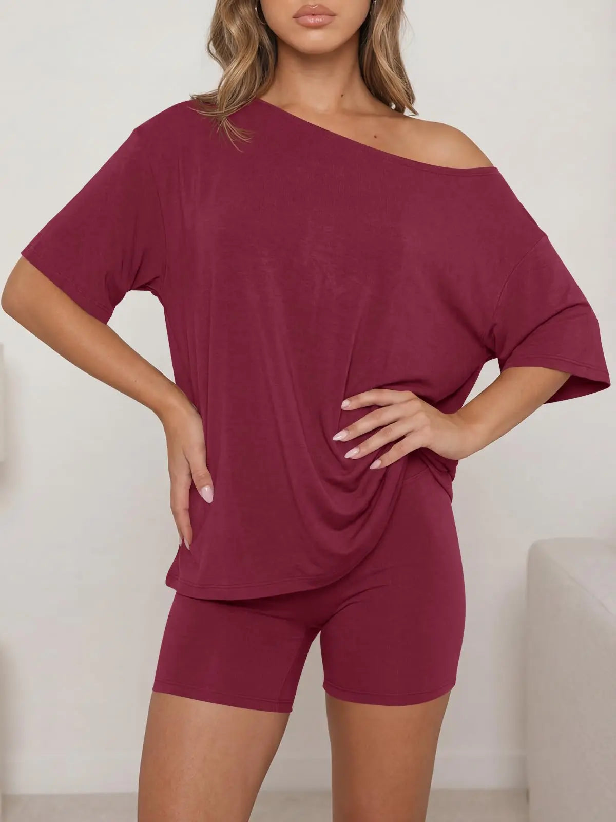 Fisoew Women’s Casual Two Piece Lounge Set Off Shoulder Top & Fitted Shorts Springtok Loungewear Pajama Nightwear Womenswear Clothes Matching pajama pants pajamas sets for women pajama sets women pj sets for women pajamas