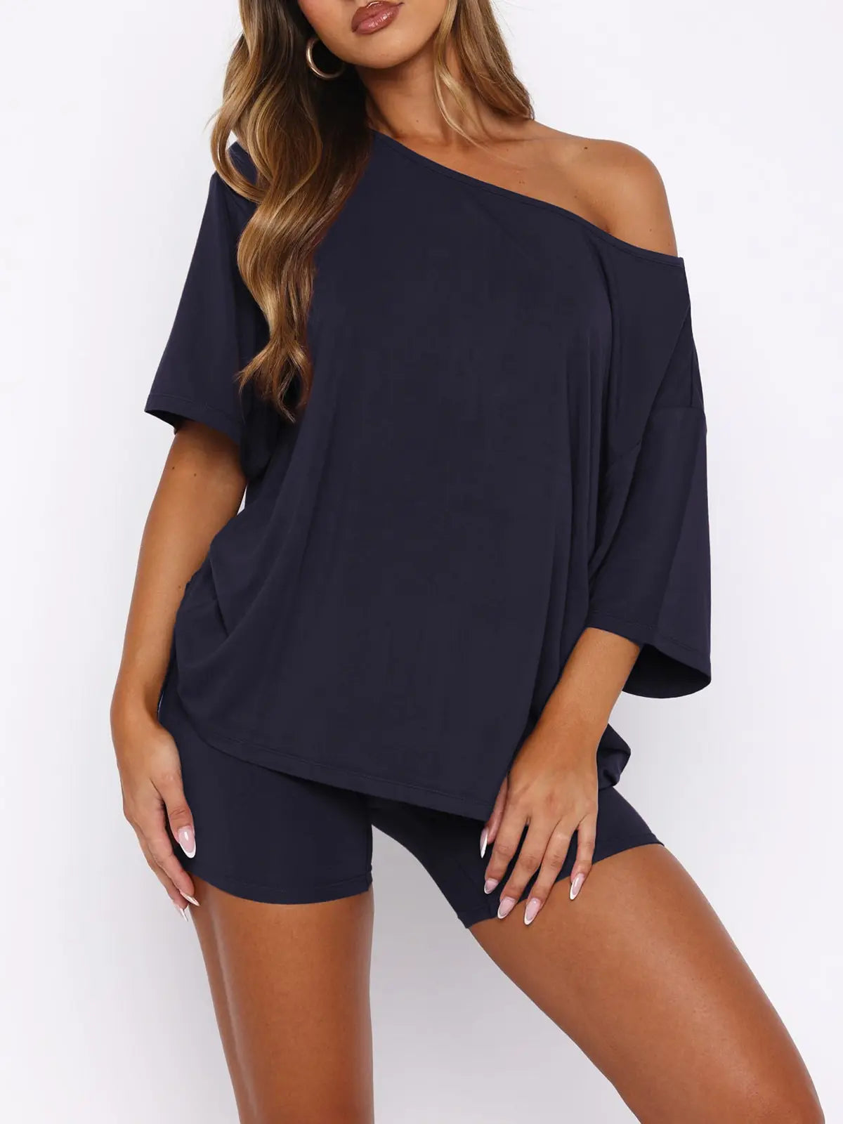 Fisoew Women’s Casual Two Piece Lounge Set Off Shoulder Top & Fitted Shorts Springtok Loungewear Pajama Nightwear Womenswear Clothes Matching pajama pants pajamas sets for women pajama sets women pj sets for women pajamas